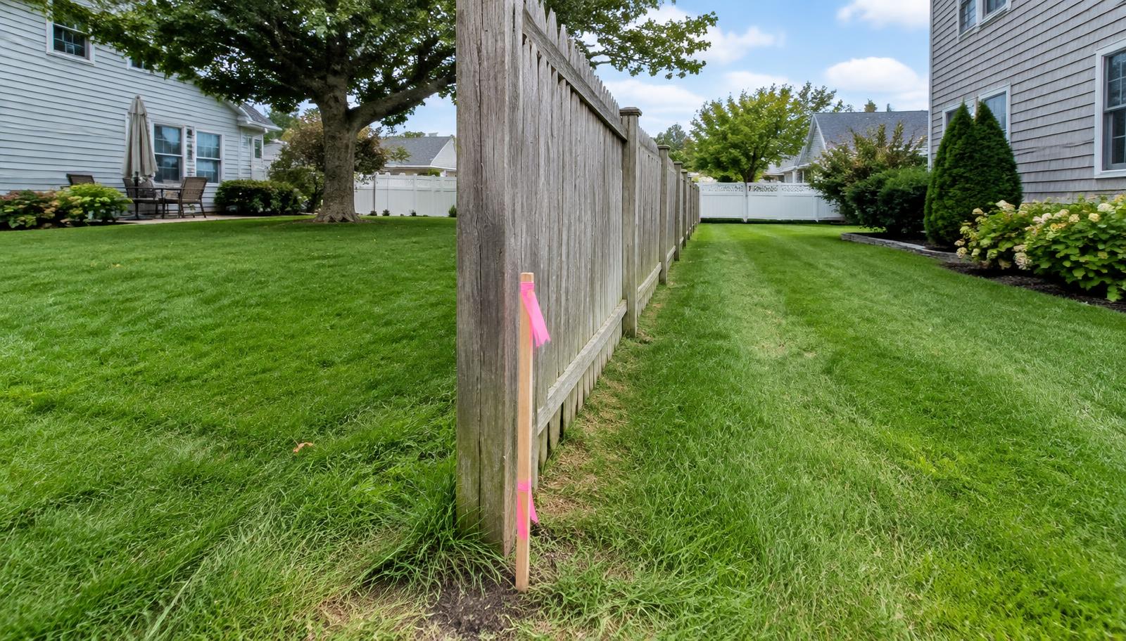 Backyard fence between two Long Island homes with a surveyor's stake at its base, illustrating an adverse possession boundary dispute in New York