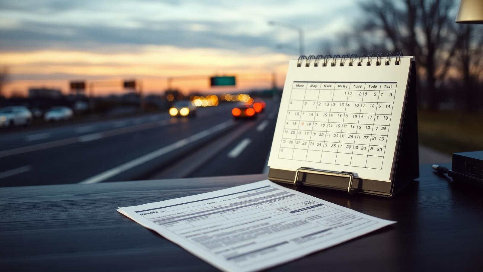 Calendar, insurance claim form, and settlement check in front of a Long Island roadway, illustrating how long a car accident settlement takes in New York