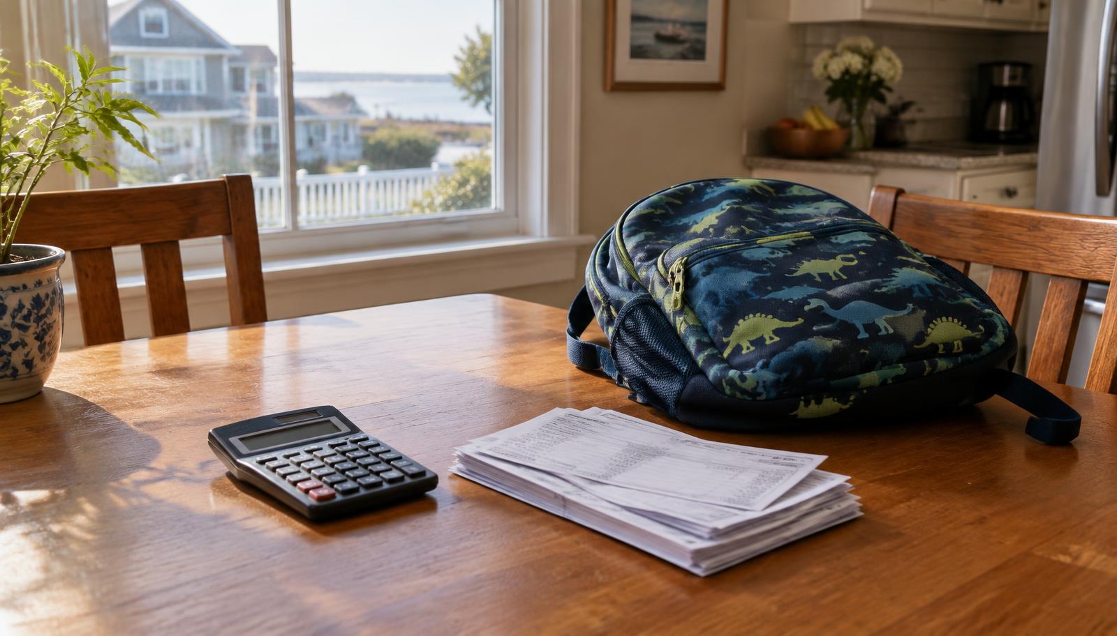 Calculator and pay stubs on a Long Island kitchen table next to a child's backpack, illustrating how child support is calculated in New York