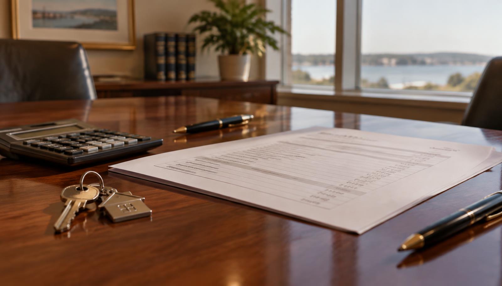 House keys and a closing statement on a table, illustrating who pays closing costs in New York for buyers and sellers on Long Island