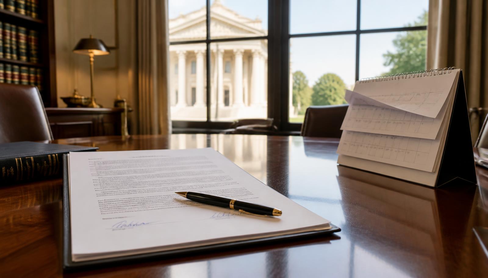 Signed business contract and a calendar with months flipped past, illustrating how long a breach of contract lawsuit takes in New York
