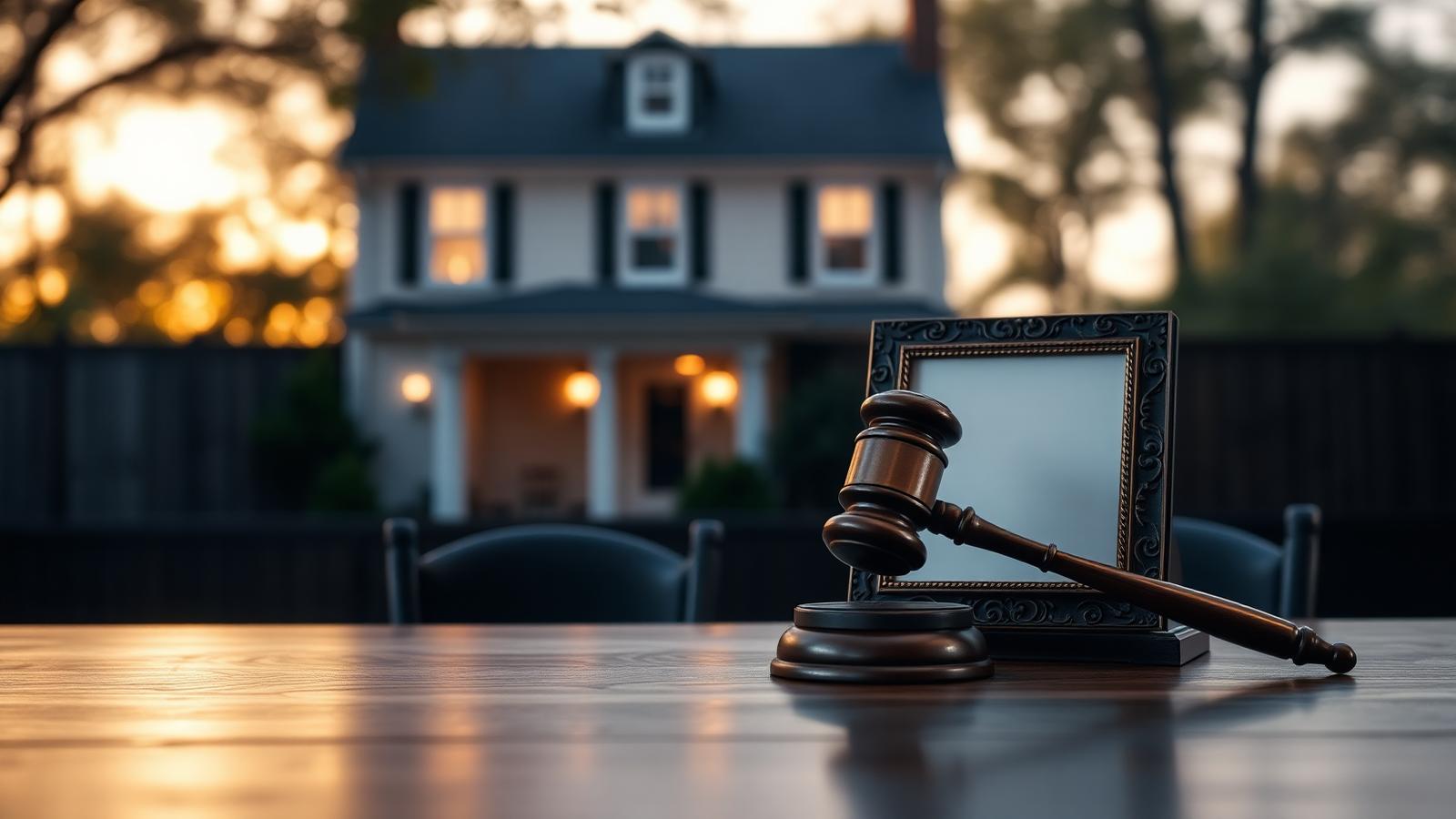 Long Island family home behind a Surrogate's Court desk with a gavel and blank document, illustrating what happens if you die without a will in New York