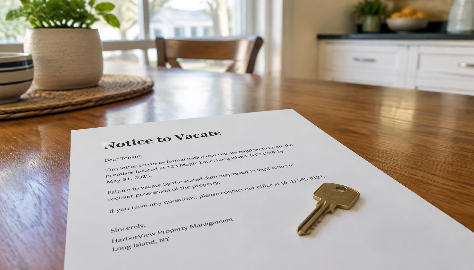 A 10 day notice to quit and a house key on a table, illustrating how to evict someone without a lease in New York