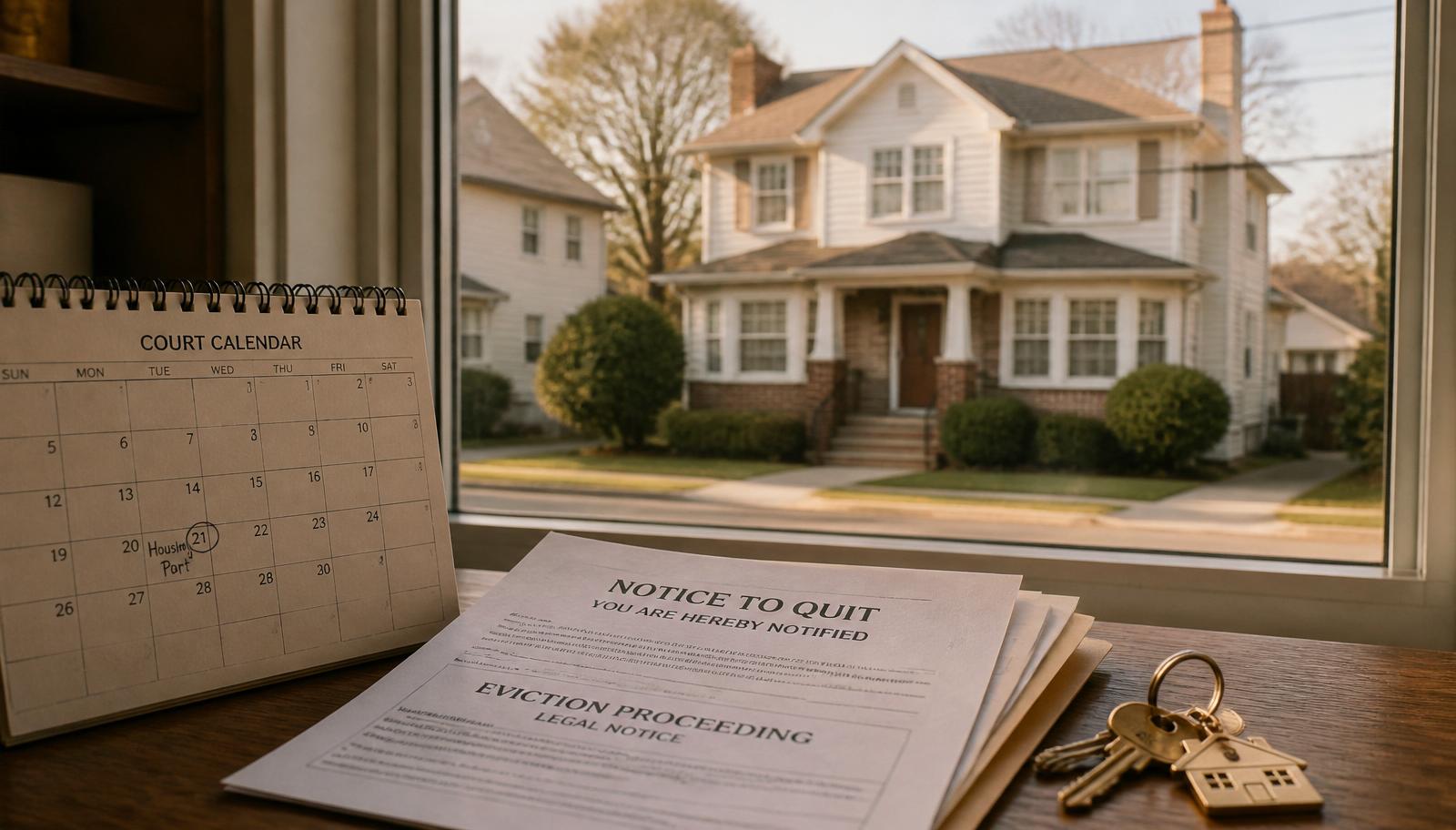 Eviction notices and a court calendar on a desk in front of a Long Island rental property, illustrating the New York eviction timeline for landlords