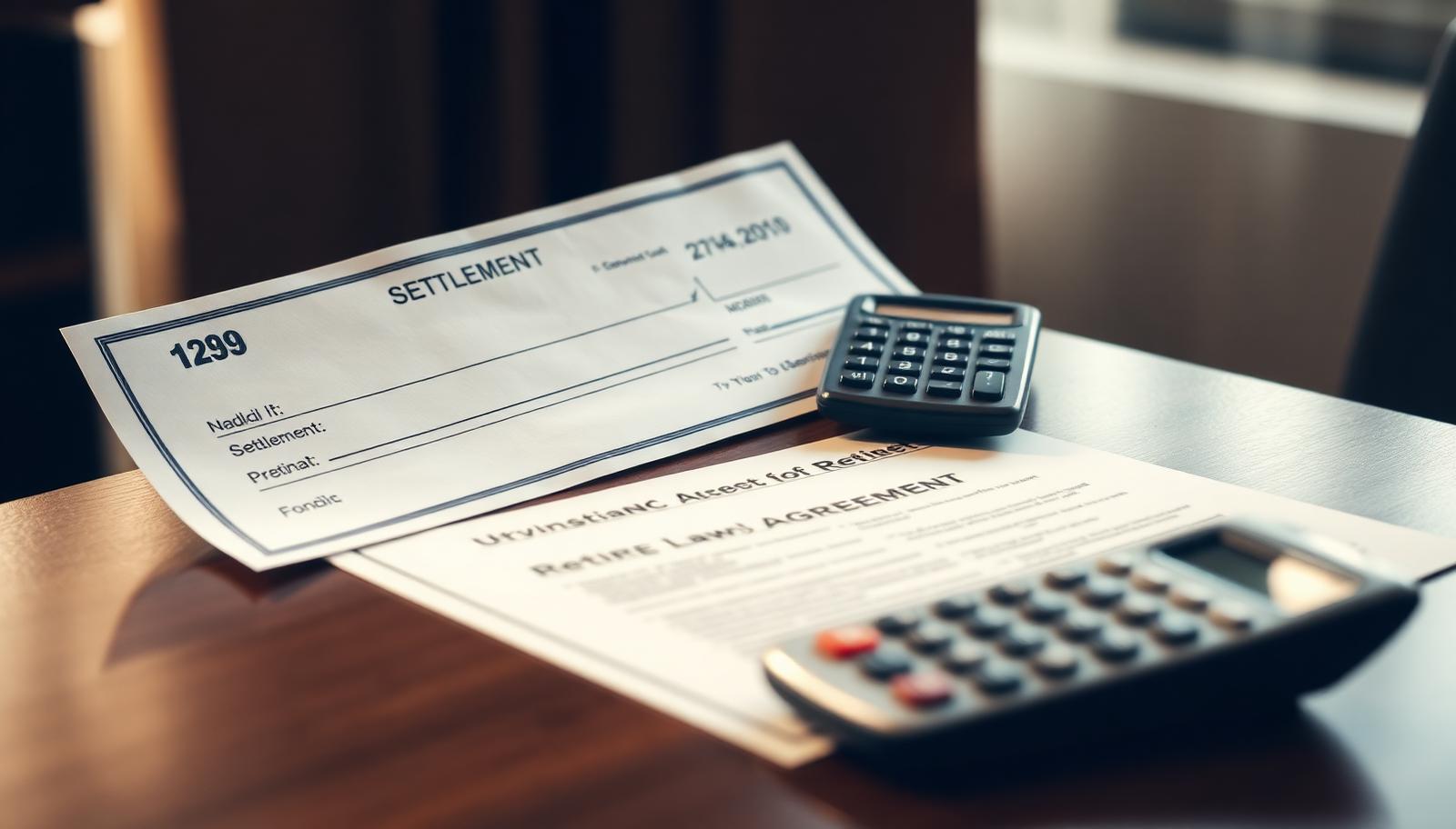 Settlement check, retainer agreement, and calculator, illustrating what a personal injury lawyer costs in New York