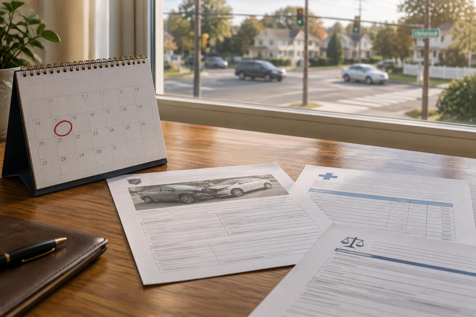 Calendar, accident report, and notice of claim form on a desk, illustrating the New York personal injury statute of limitations and filing deadlines