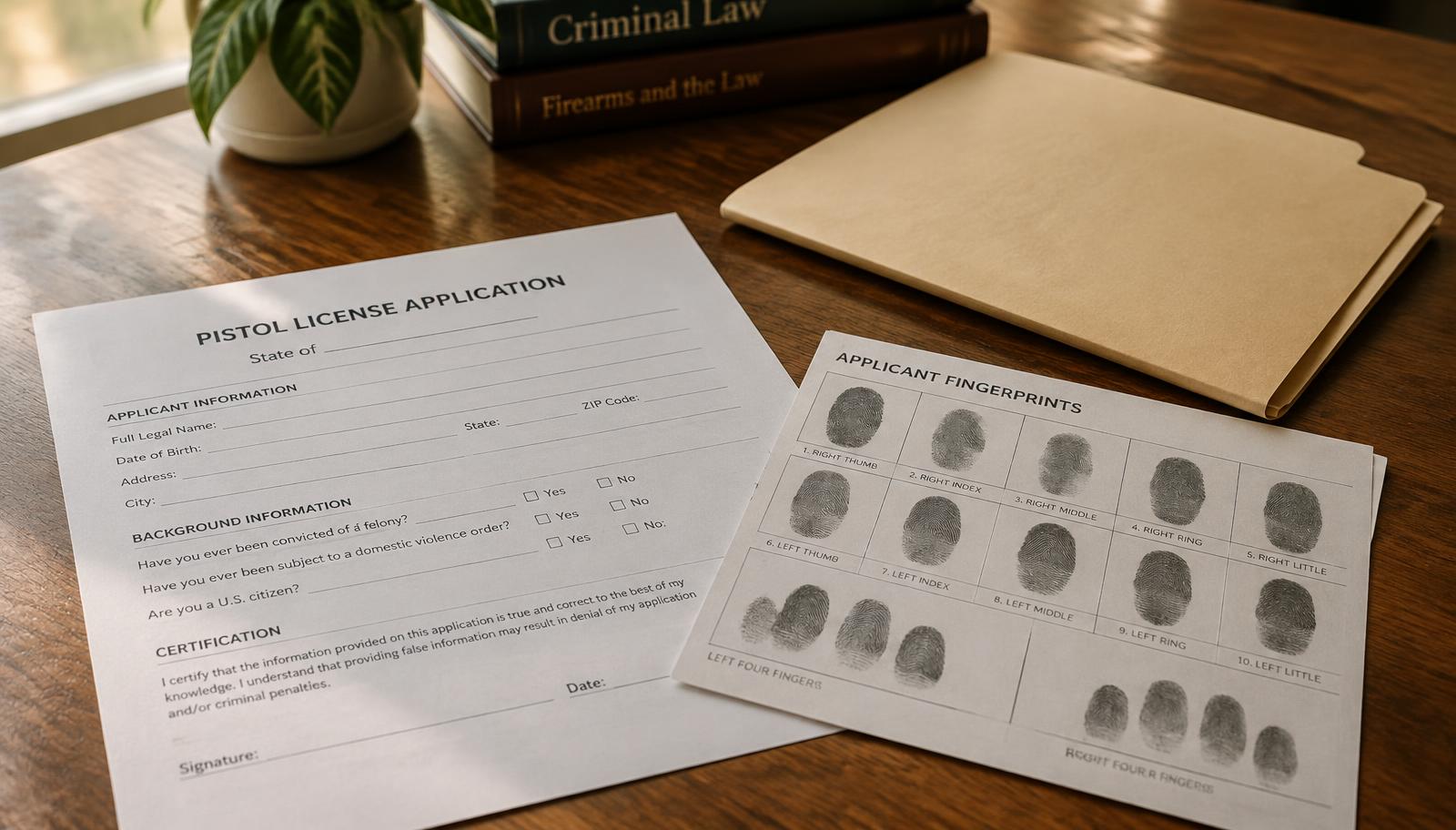 New York pistol permit application and fingerprint card on a desk, illustrating what disqualifies an applicant under Penal Law 400.00