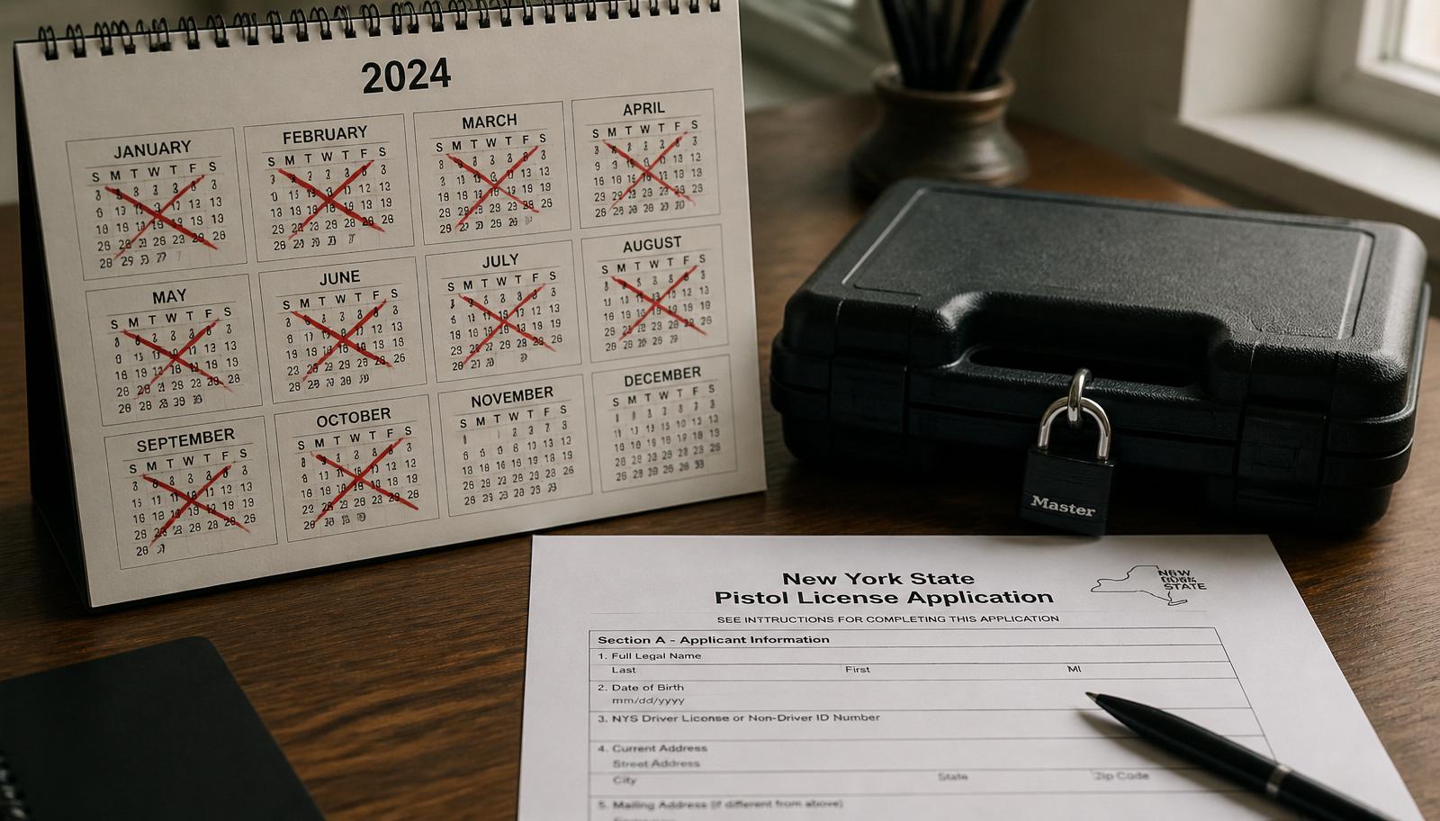New York pistol permit application on a desk beside a calendar with months crossed off, illustrating the Nassau and Suffolk County pistol permit timeline