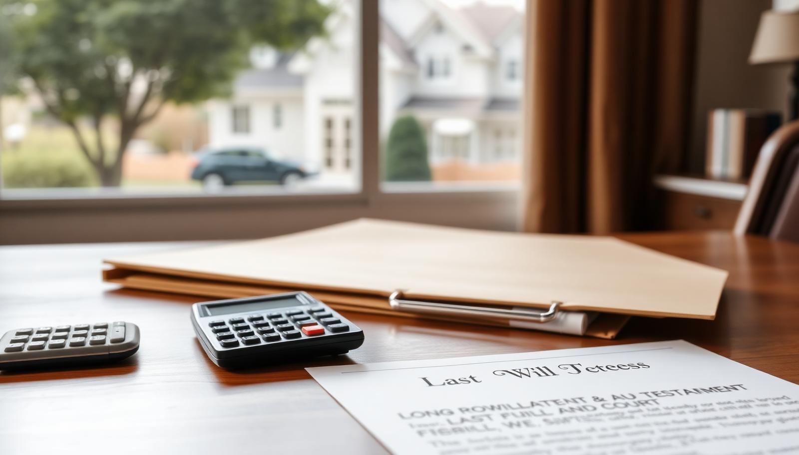Calculator, will, and Surrogate's Court file on a desk, illustrating how much probate costs in New York