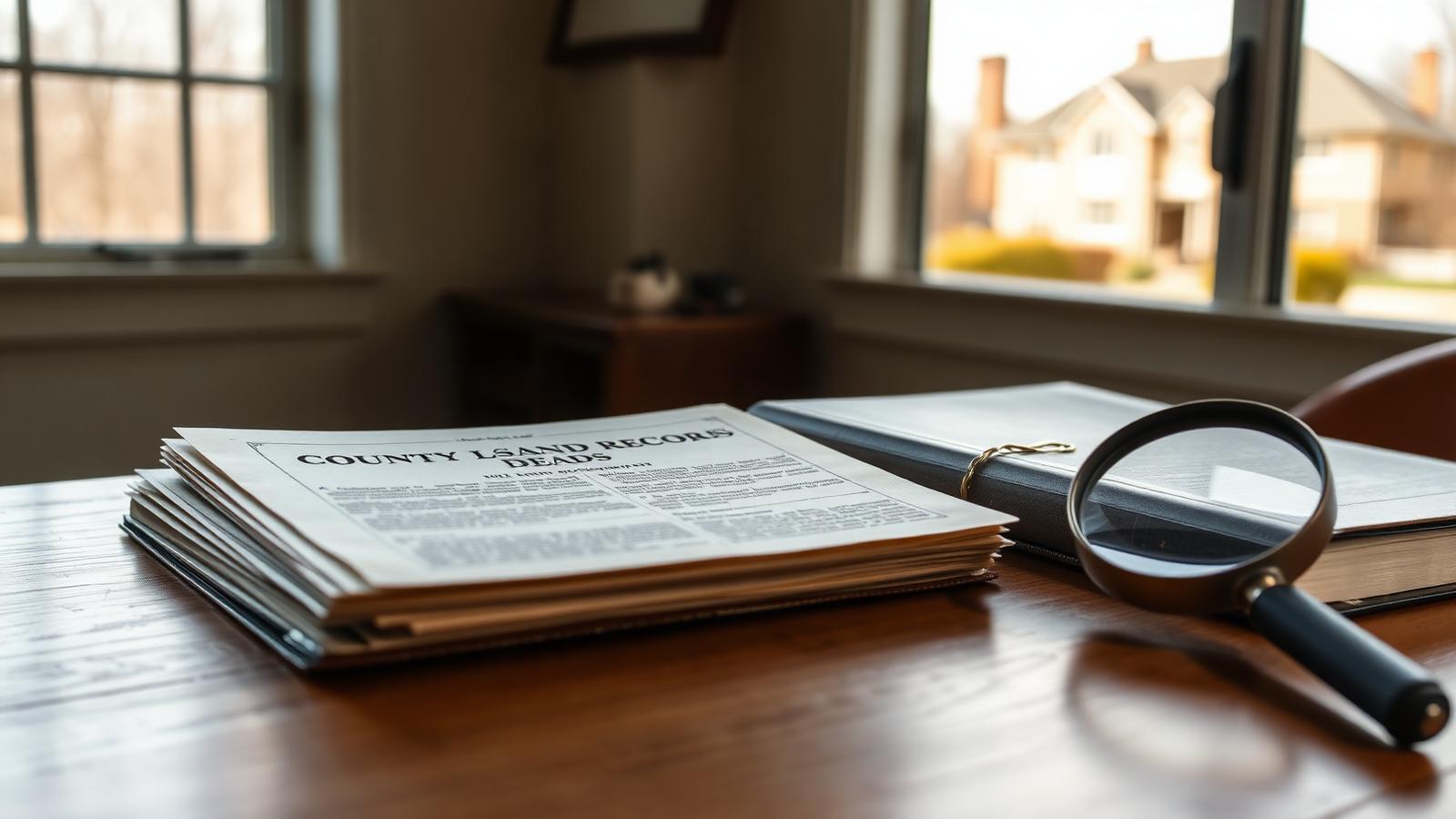 Old property deeds and land records under a magnifying glass, illustrating the cost of a New York quiet title action
