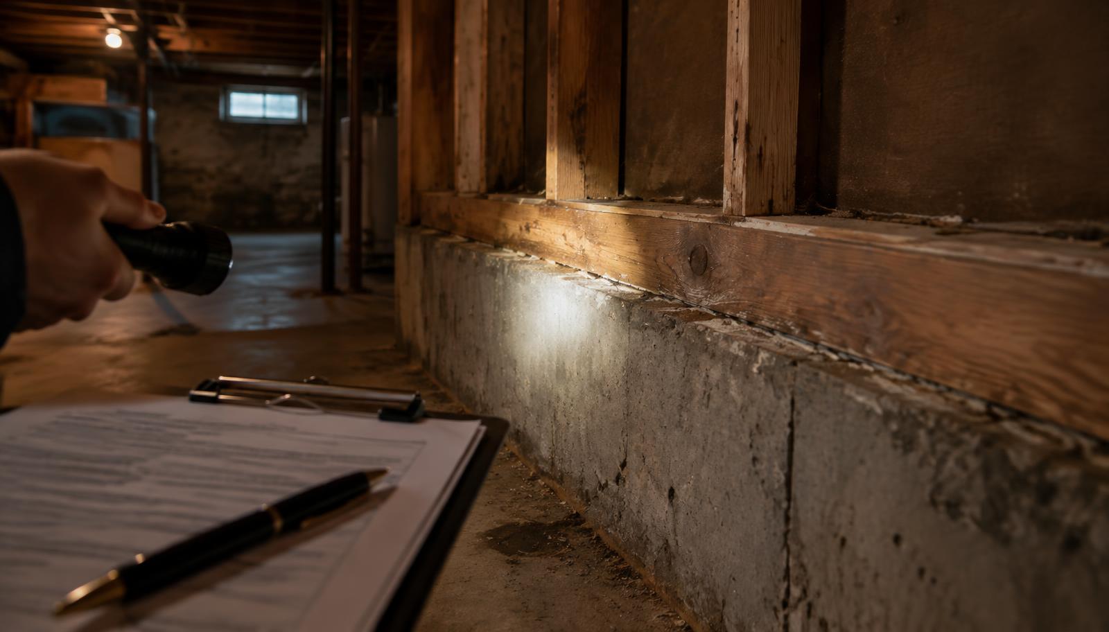 Flashlight on the sill plate of a Long Island home during a termite inspection, with a New York property condition disclosure statement on a clipboard