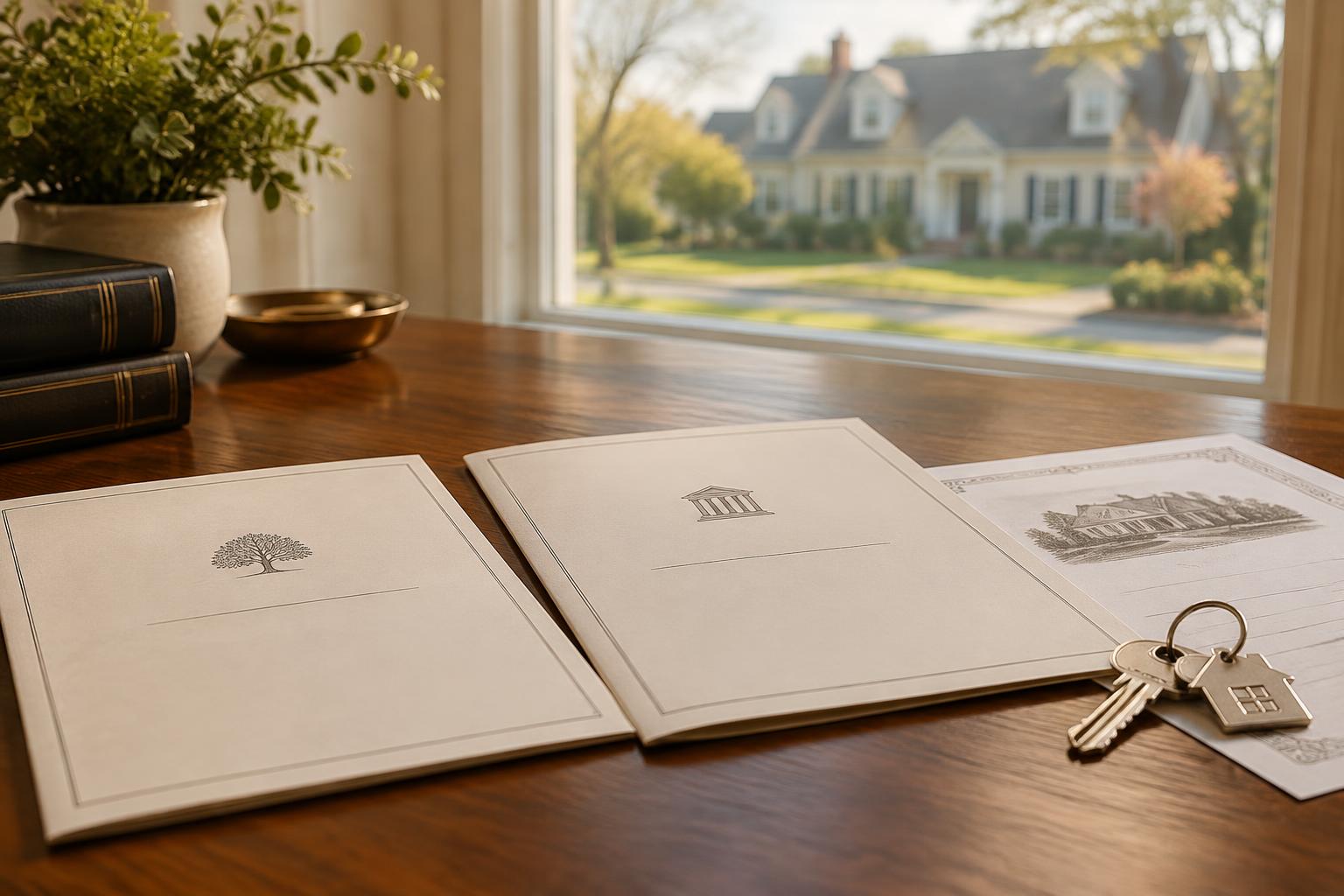 A will and a revocable living trust side by side on a desk with a deed and house keys, illustrating the will vs. trust decision for New York families