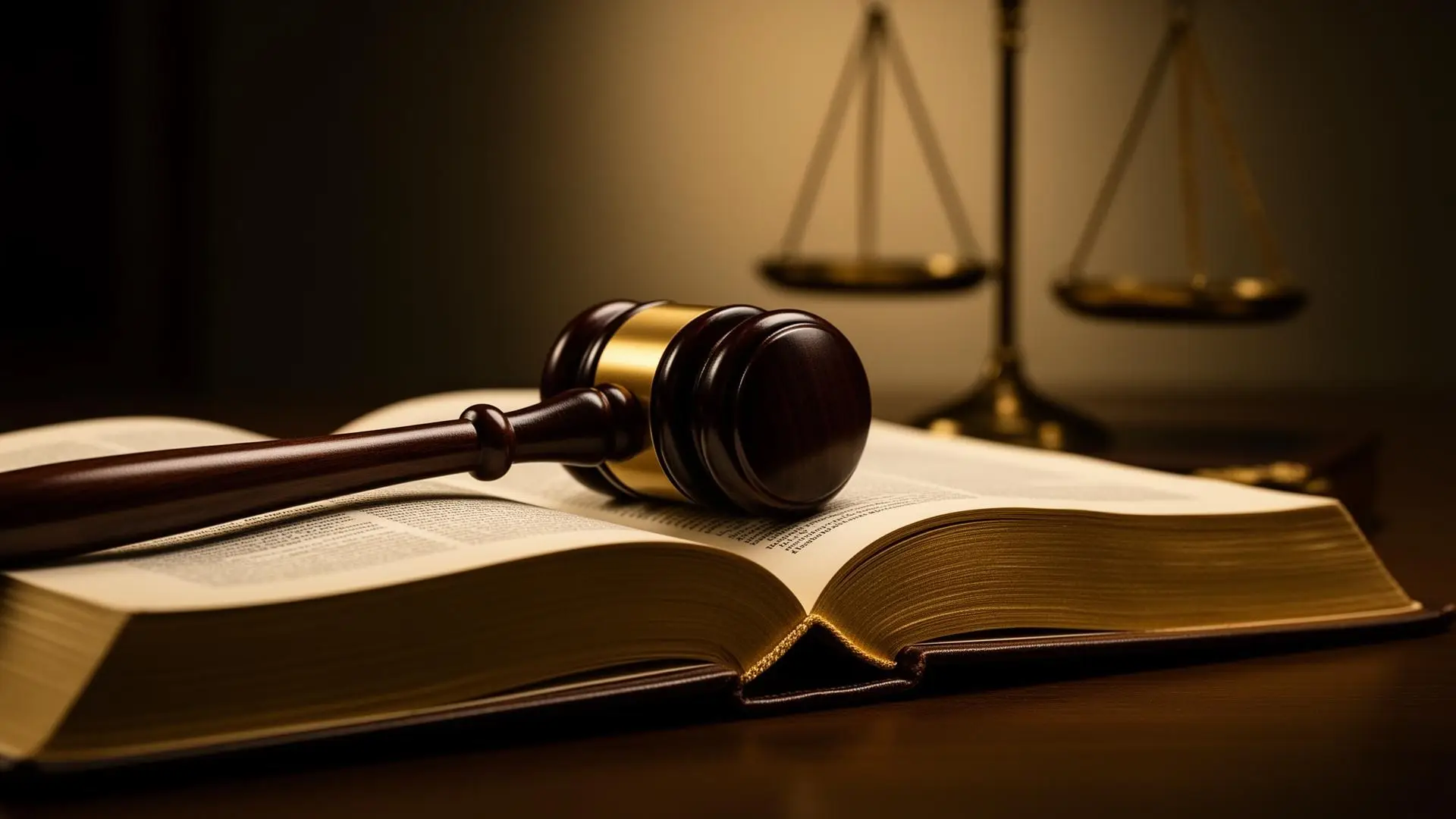 Gavel resting on an open law book with scales of justice