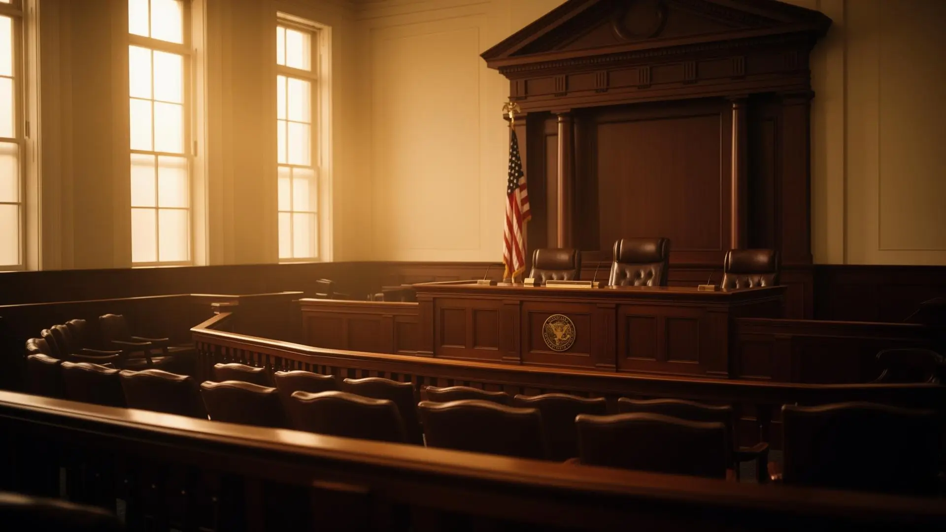 Empty grand courtroom with judge's bench and American flag